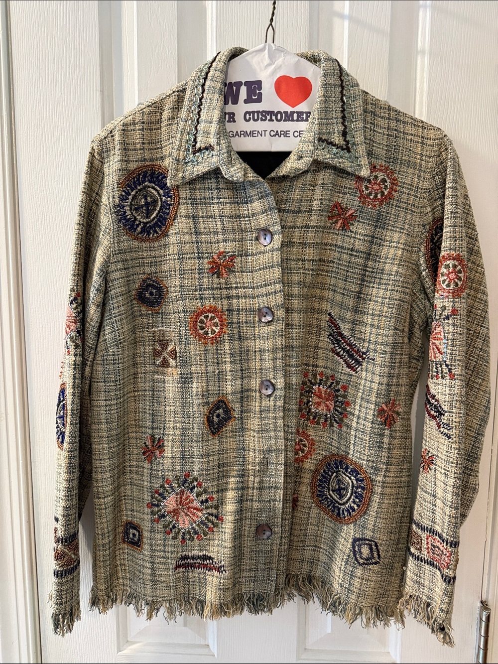 Chico's Size 0(size S) Beige & Green Blend Embroidered Tweed Button-Front Jacket